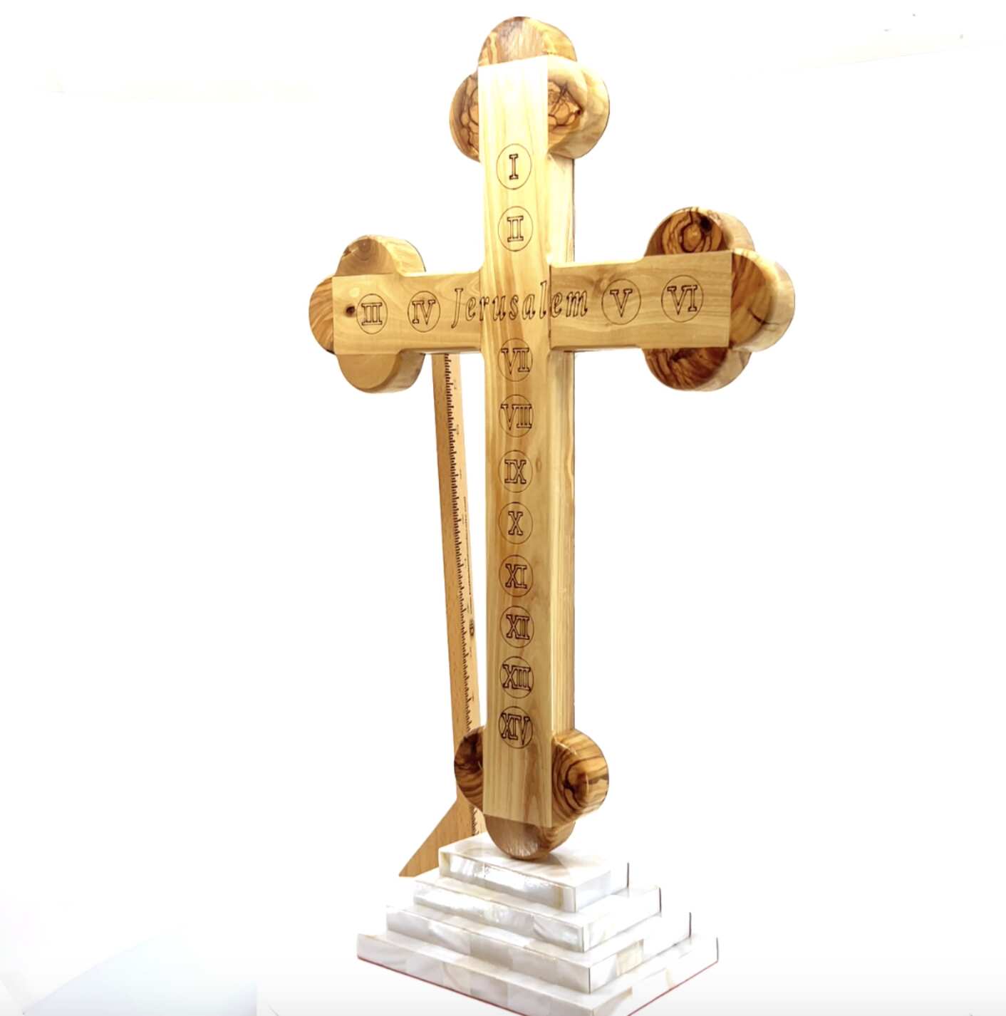 Standing Crucifix, 15.5" with 2.5" Base, Budded, Holy Land Olive Wood and Mother of Pearl with 5 souvenirs