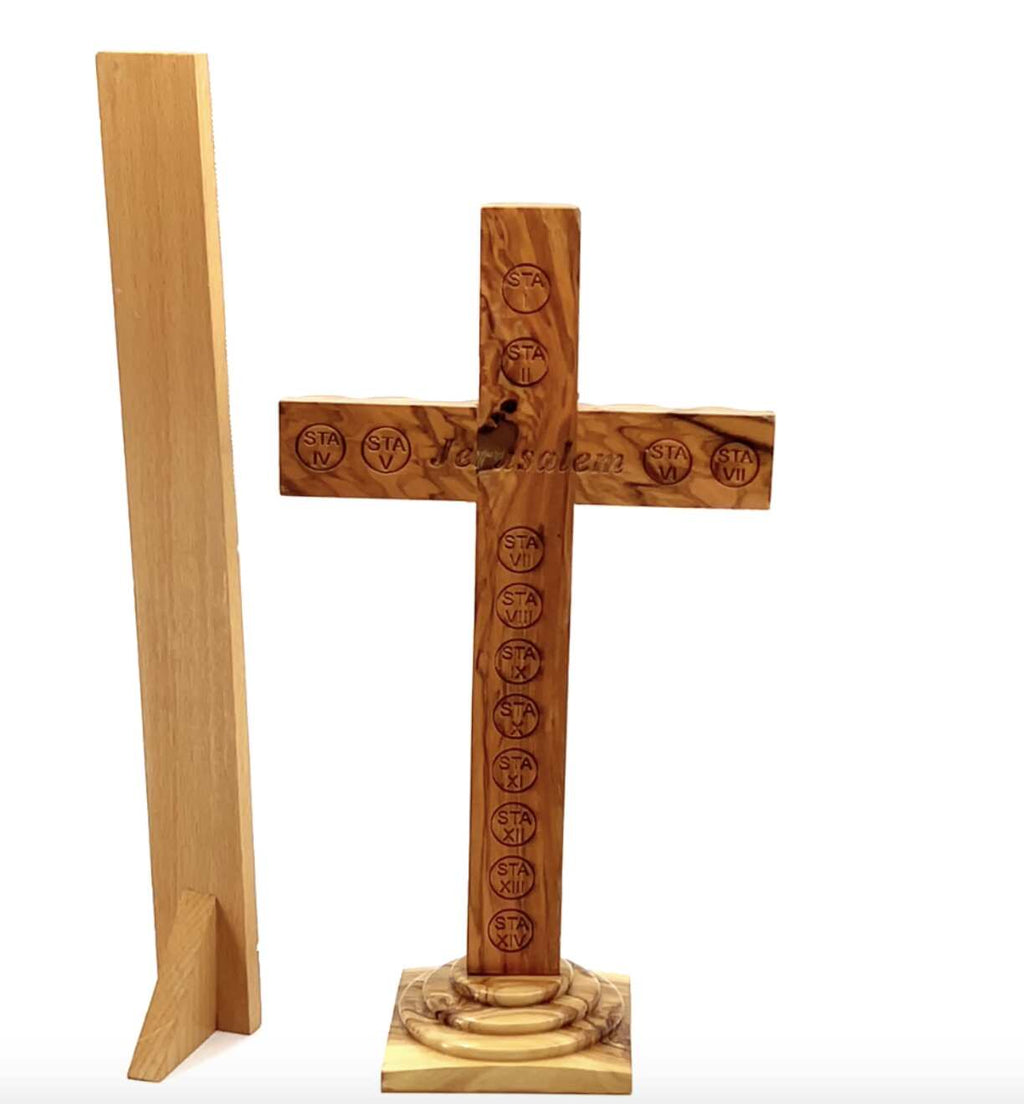Standing Crucifix, 11", 14 Stations Engraved, Holy Land Olive Wood