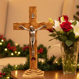 Crucifijo de pie, 28 cm, 14 Estaciones grabadas, Madera de olivo de Tierra Santa