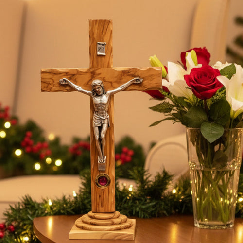 Olive wood crucifix hand carved in Bethlehem, 11 inch front view of the olive wood masterpiece