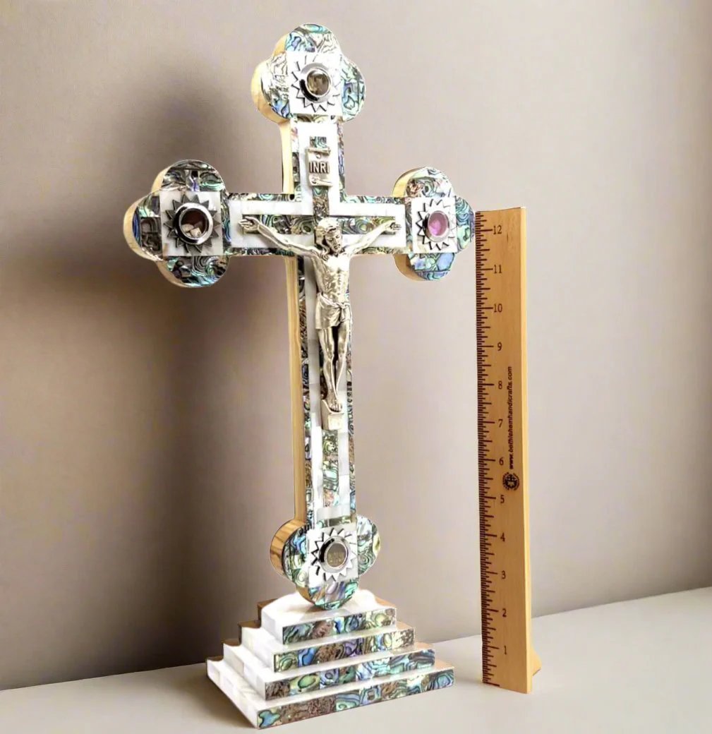 Standing Crucifix, 15.5" with 2.5" Base, Budded, Holy Land Olive Wood and Mother of Pearl with 5 souvenirs