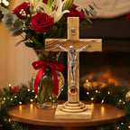 Standing Crucifix, 7.3", Holy Land Olive Wood with Soil in Glass Capsule