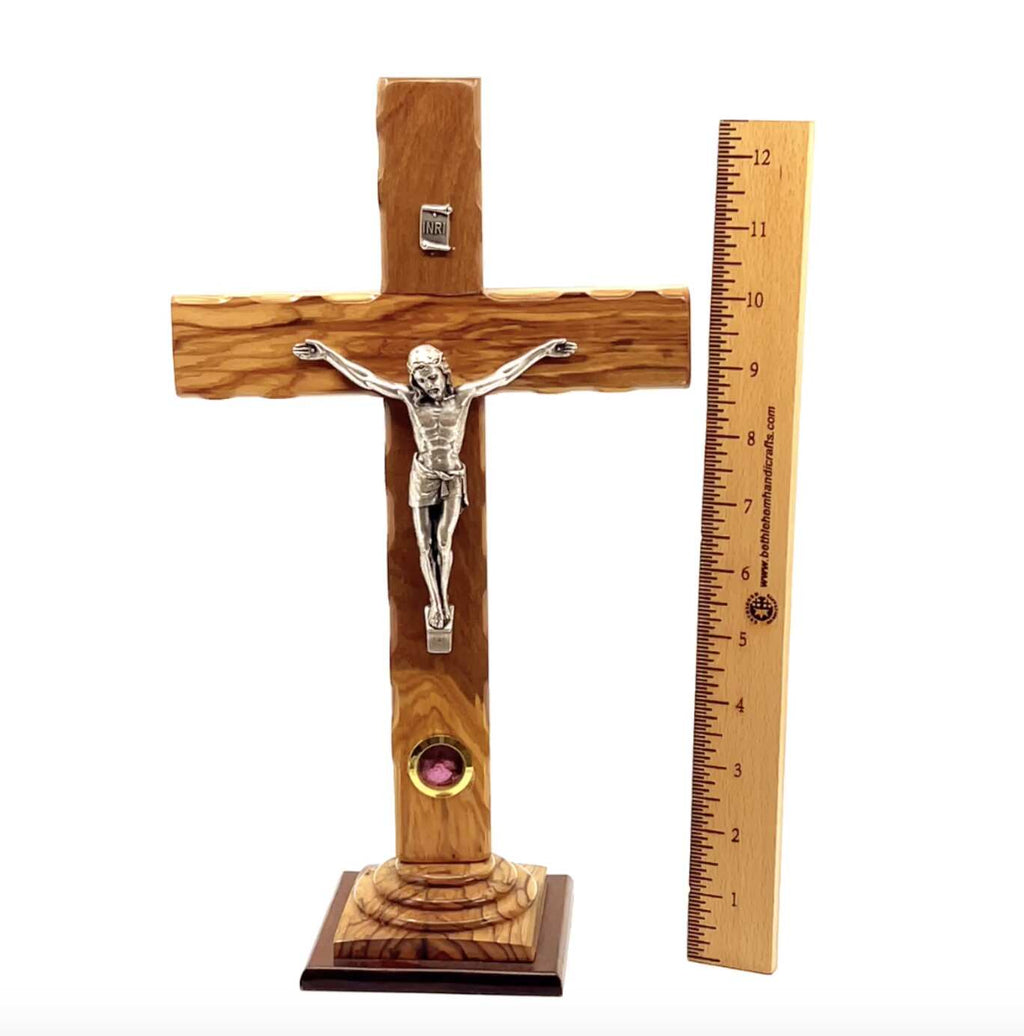 Olive wood crucifix hand carved in Bethlehem, 13 inch close detail of the hand carved work