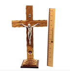 Olive wood crucifix hand carved in Bethlehem, 13 inch close detail of the hand carved work