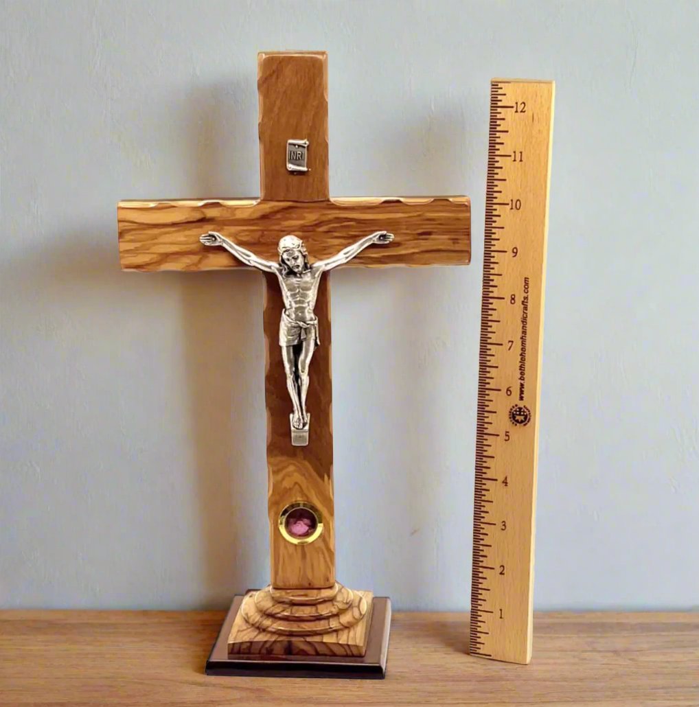 Olive wood crucifix hand carved in Bethlehem, 13 inch front view of the olive wood masterpiece
