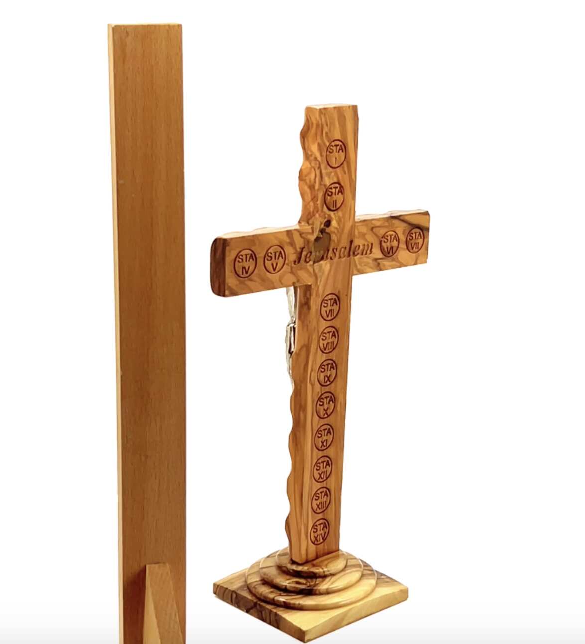 11" Standing Crucifix Wooden Cross with Incense, Hand Made from Holy Land Olive ( Medium)