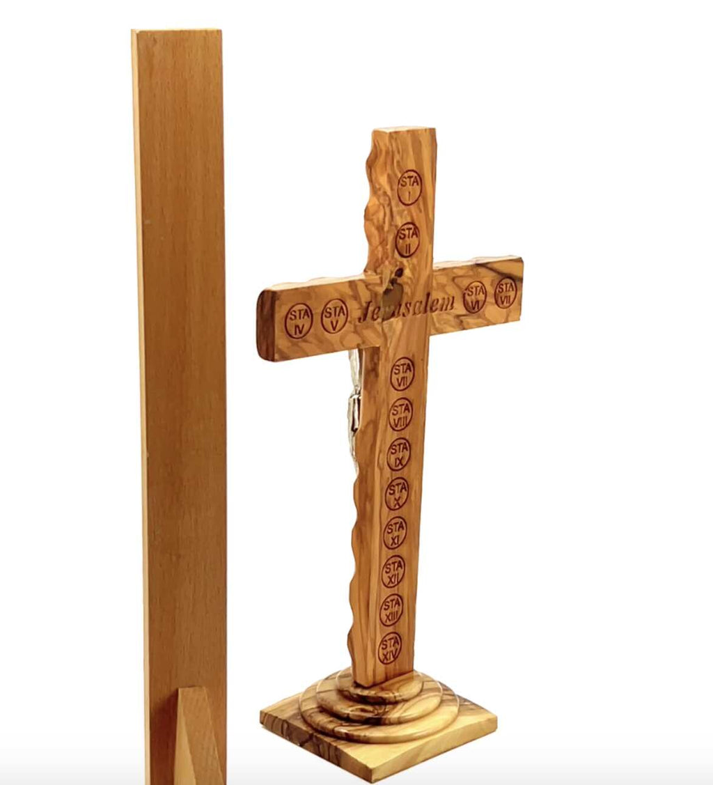 Standing Crucifix, 11", 14 Stations Engraved, Holy Land Olive Wood