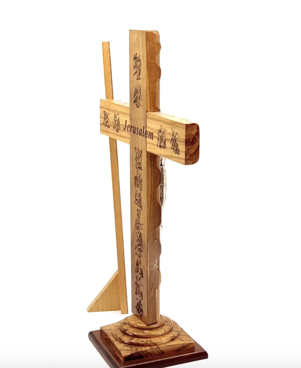 Olive wood crucifix hand carved in Bethlehem, 13 inch detail of the carved figure