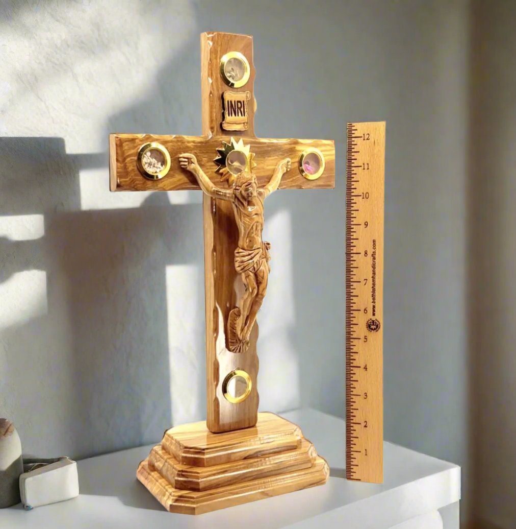 Standing Crucifix, 13.5" with 2.5" Base, Holy Land Olive Wood with 5 souvenirs