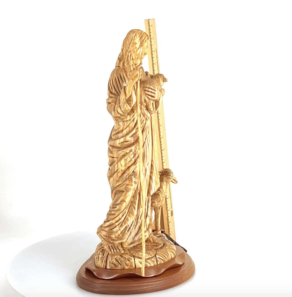 Good Shepherd statue hand carved from Bethlehem olive wood, 18.5 inch scale reference view
