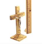 Standing Crucifix, 7.3", Holy Land Olive Wood with Soil in Glass Capsule