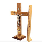 Olive wood crucifix hand carved in Bethlehem, 13 inch three quarter view of the religious piece