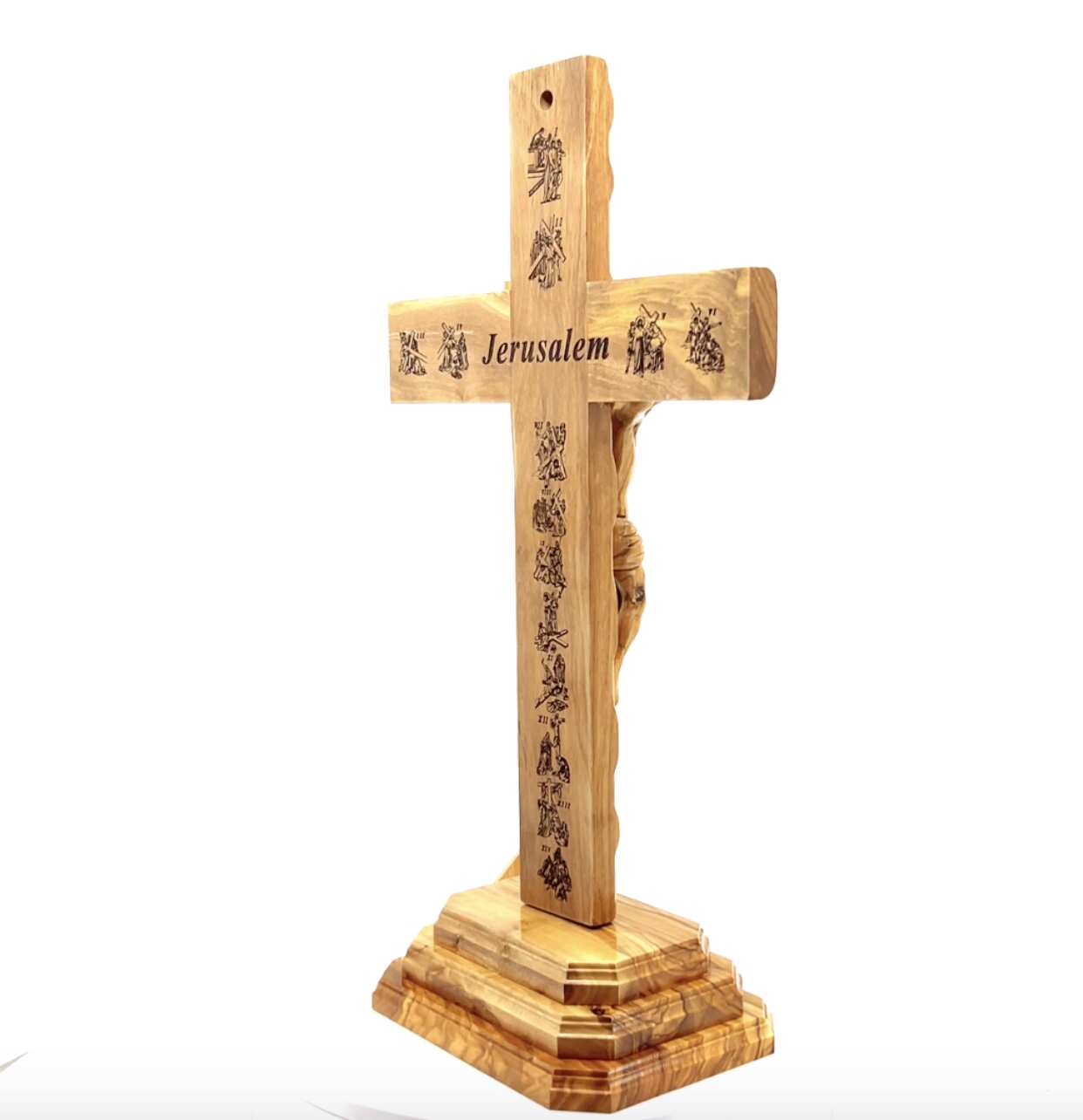 13.8" Standing Crucifix with 2.5" Base , Wooden Hand Made with  5 souvenirs from Holy Land