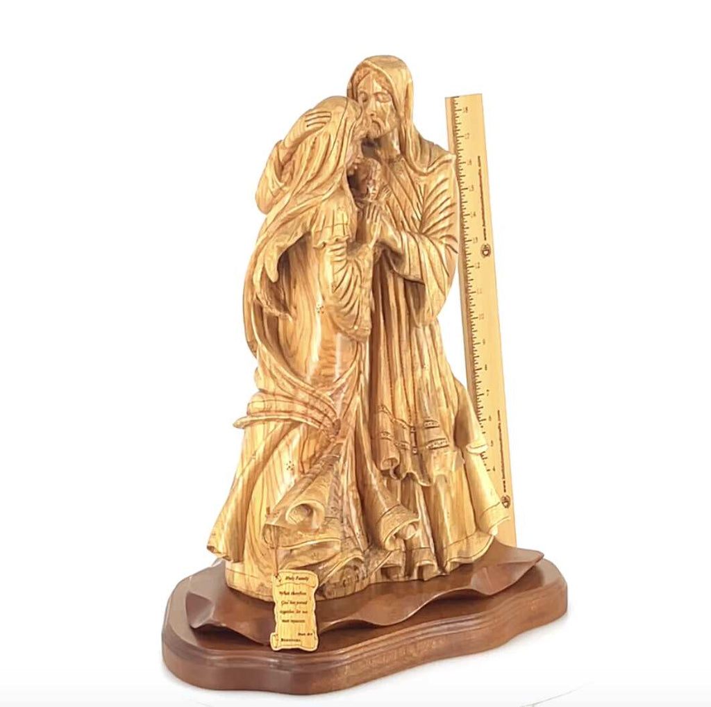 Adoring Holy Family Jesus Christ with St. Joseph and Mary Masterpiece, 13.8" Made from Olive Wood Carved Sculpture from the Holy Land