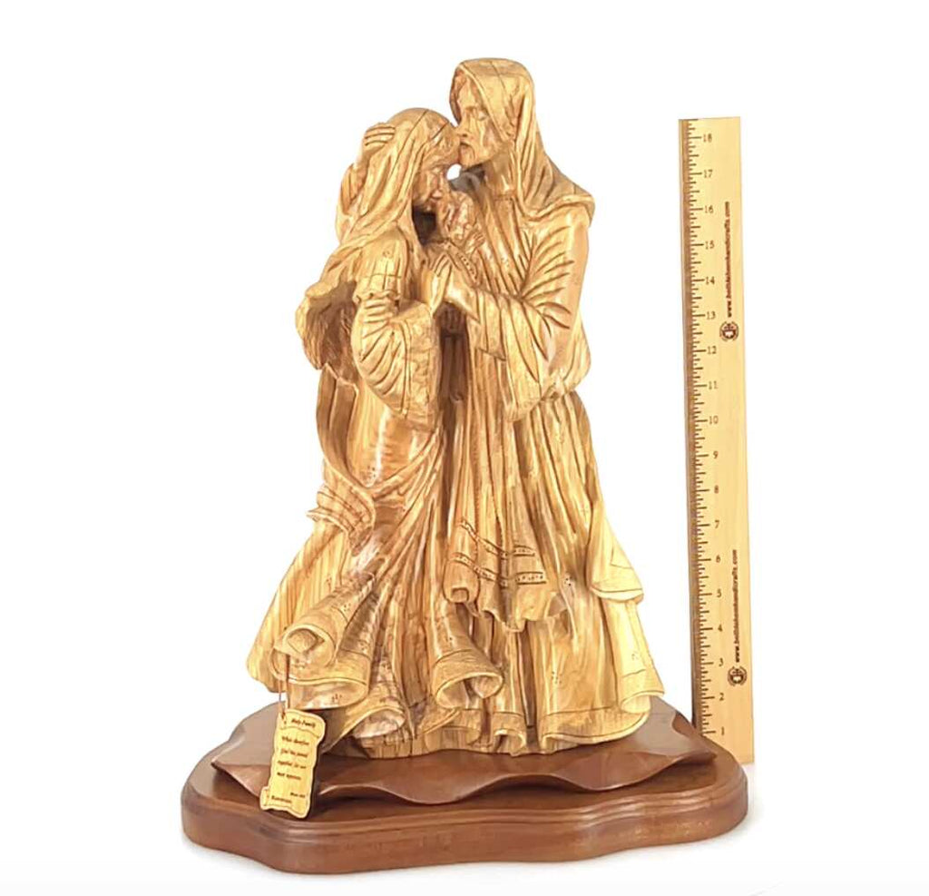 Adoring Holy Family Jesus Christ with St. Joseph and Mary Masterpiece, 13.8" Made from Olive Wood Carved Sculpture from the Holy Land