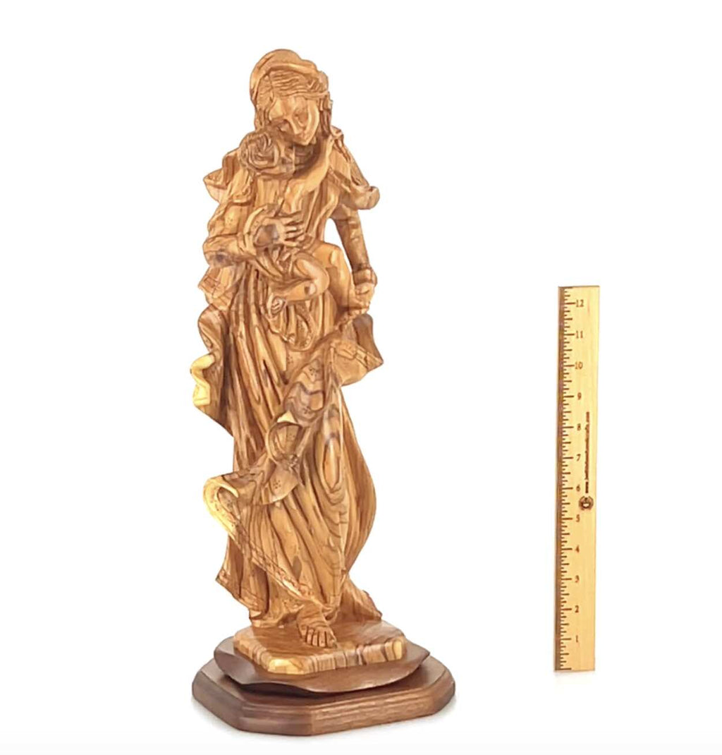 Virgin Mary olive wood statue from Bethlehem hand carved, 20.5 inch three quarter view of the religious piece