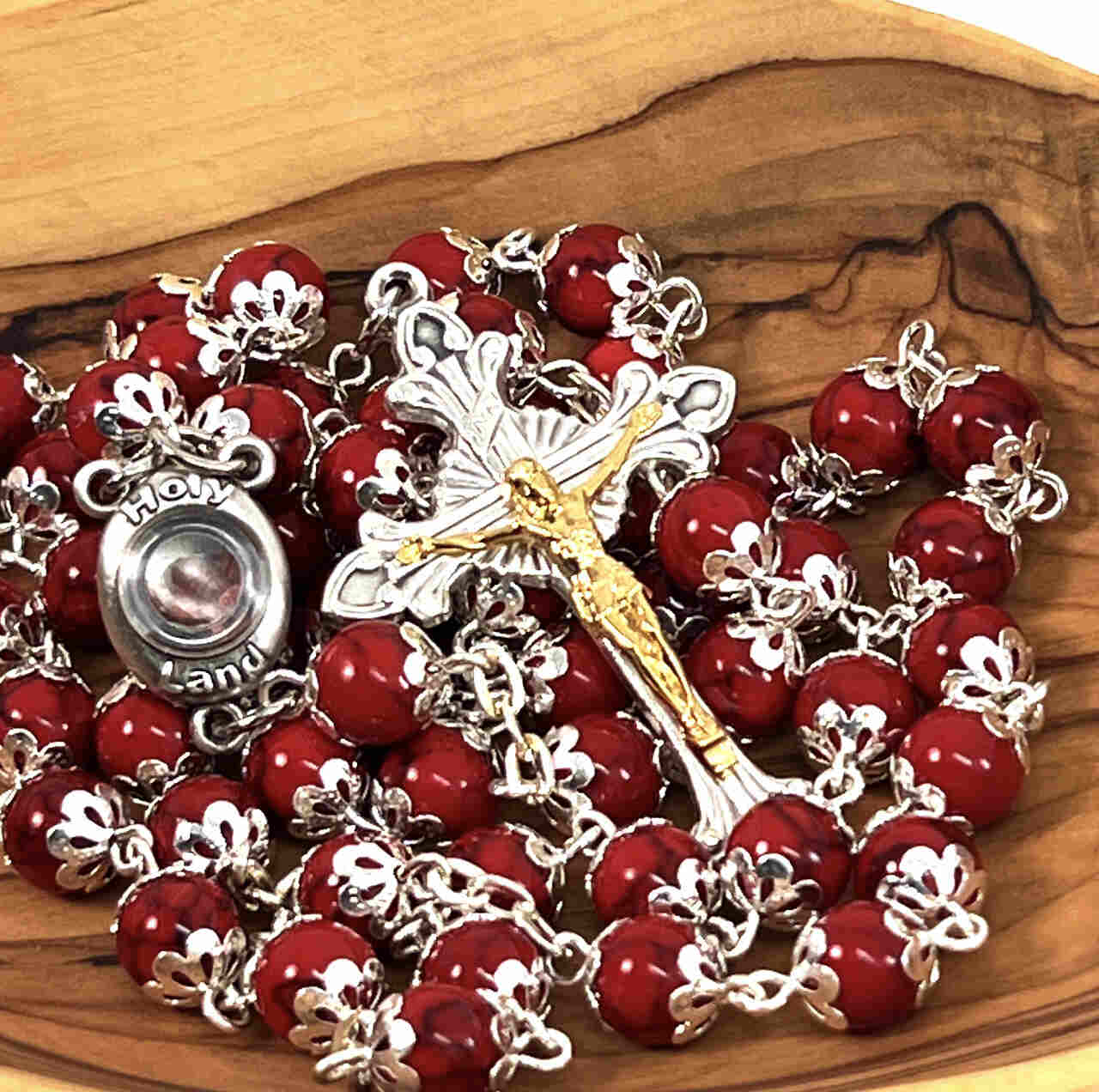 Rosary, Red Stone Beads, 22.4", Metal Chain, Bethlehem Handmade