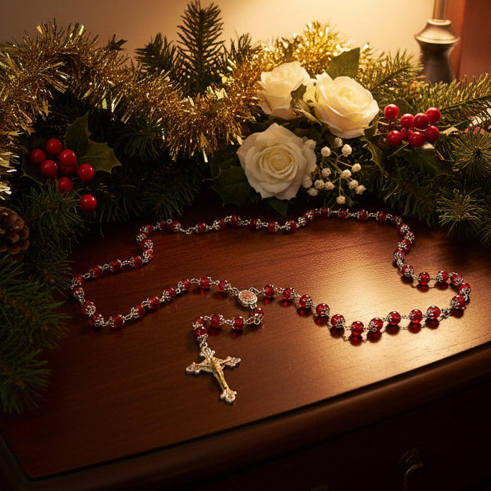 Rosary, Red Stone Beads, 22.4", Metal Chain, Bethlehem Handmade