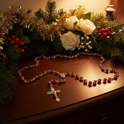 Rosary, Red Stone Beads, 22.4", Metal Chain, Bethlehem Handmade