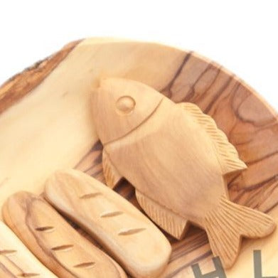 Carved Tobgha with fish and bread loaves, hand carved from olive wood in the holy land, wooden grain plate