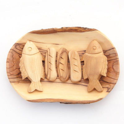 Tobgha with 2 fish and 3 bread loaves, hand carved from olive wood in the holy land, wooden grain plate