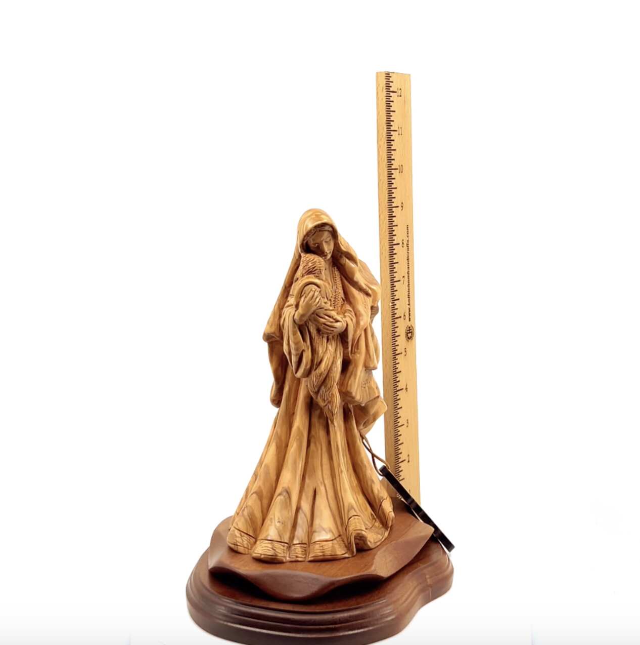 Virgin Mary olive wood statue from Bethlehem hand carved, 10 inch close up showing the olive wood grain