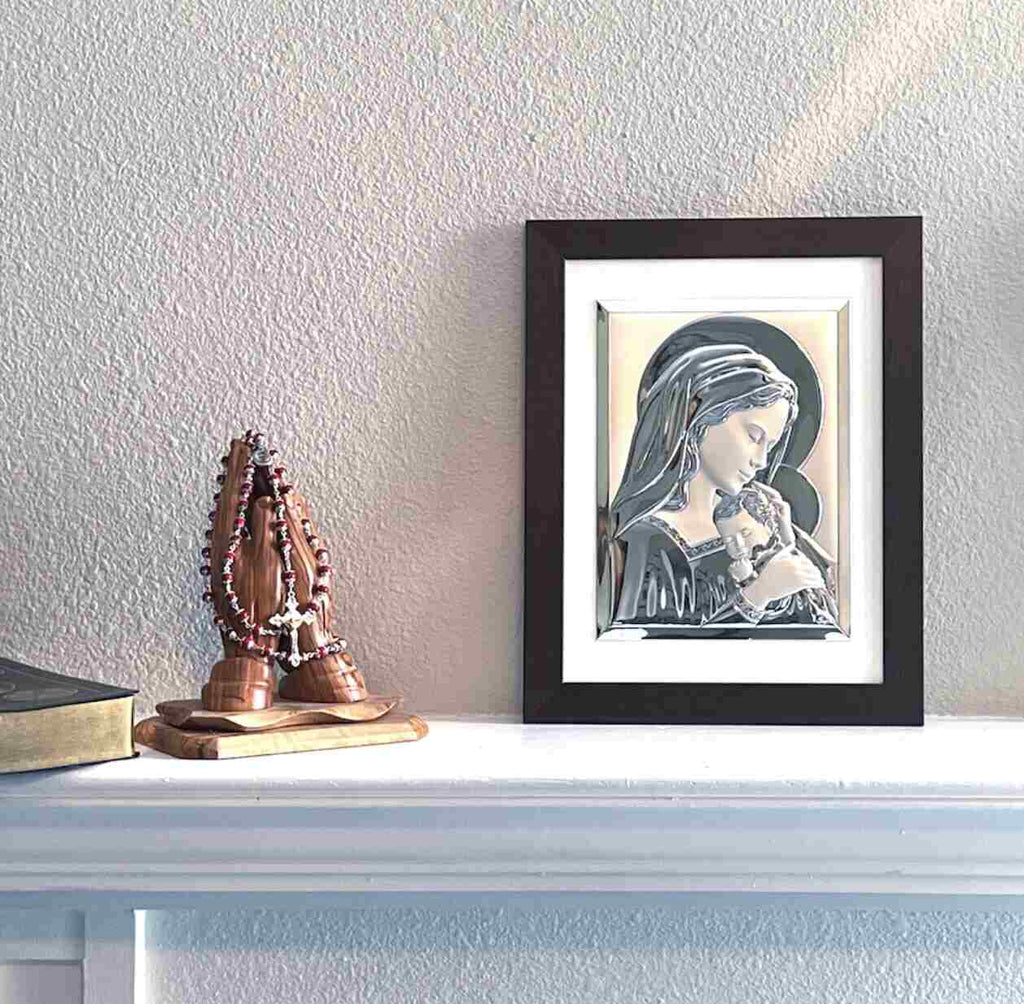 Virgin Mary Holding Holy Baby Jesus Christ Silver Plated Icon Wood Frame,