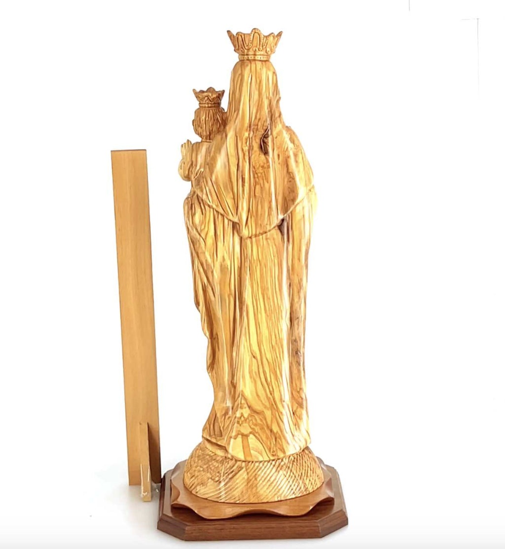 Our Lady of Mount Carmel olive wood statue from Bethlehem hand carved, 17.3 inch top angle showing detail of the craftsmanship