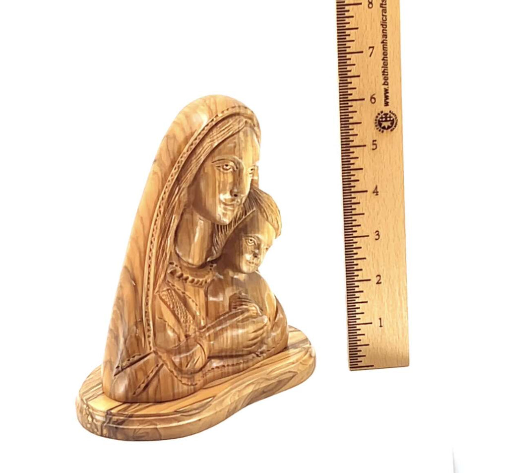 Virgin Mary olive wood statue from Bethlehem hand carved, 6.5 inch three quarter view of the religious piece