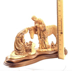 Olive wood nativity scene hand carved in Bethlehem, 15 inch side angle of the olive wood sculpture