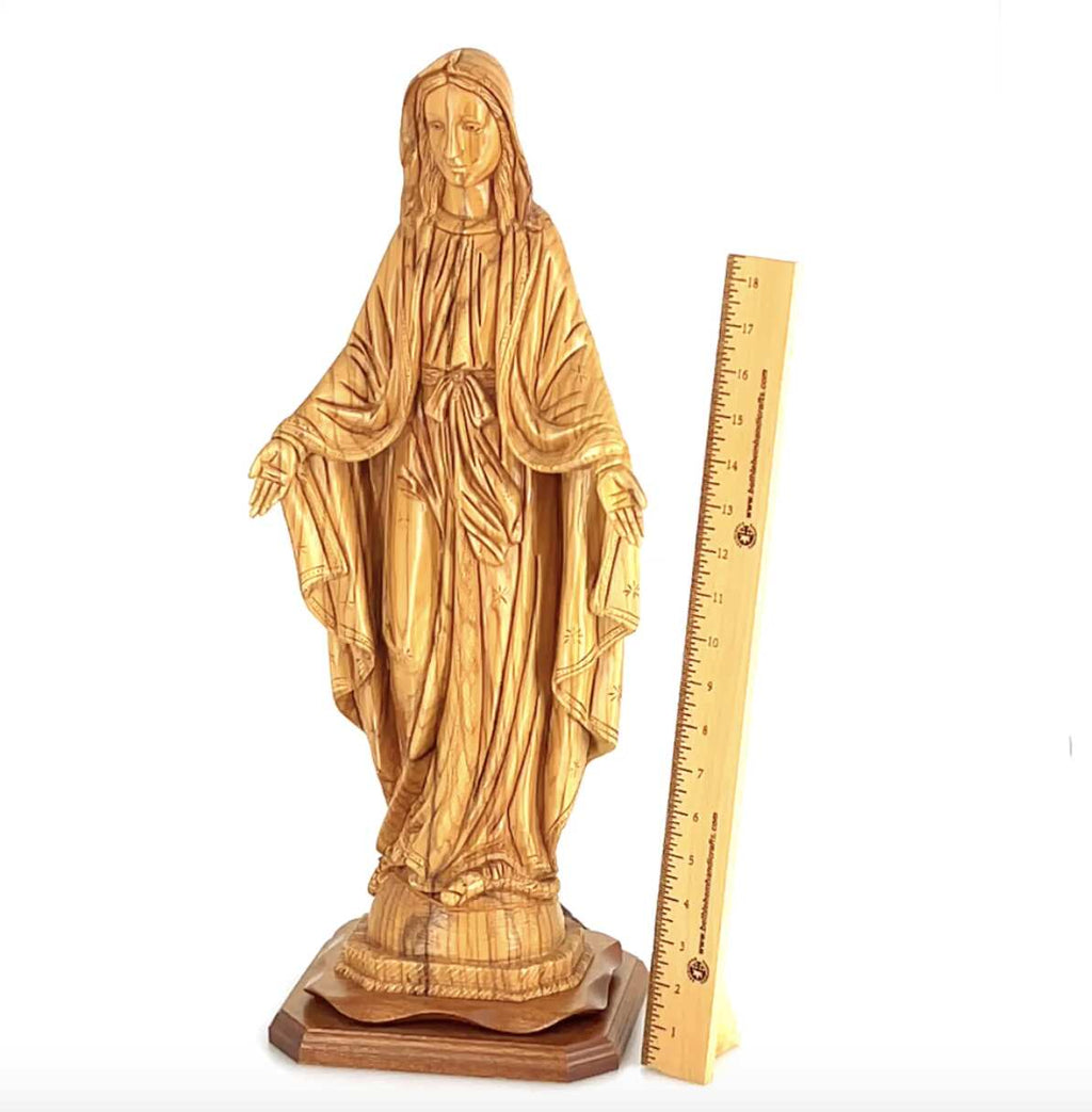 Our Lady olive wood statue from Bethlehem hand carved, 22.8 inch side angle of the olive wood sculpture
