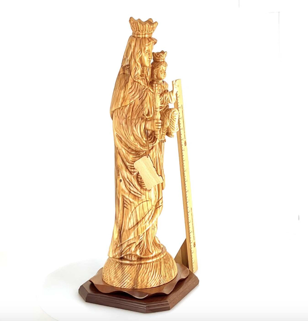 Our Lady of Mount Carmel olive wood statue from Bethlehem hand carved, 17.3 inch close detail of the hand carved work