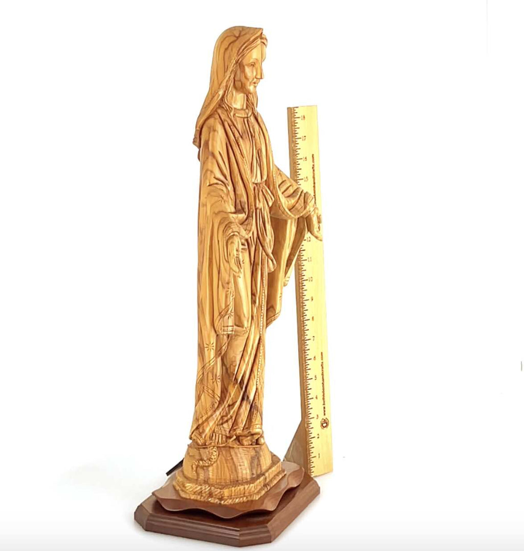 Our Lady olive wood statue from Bethlehem hand carved, 22.8 inch close detail of the hand carved work