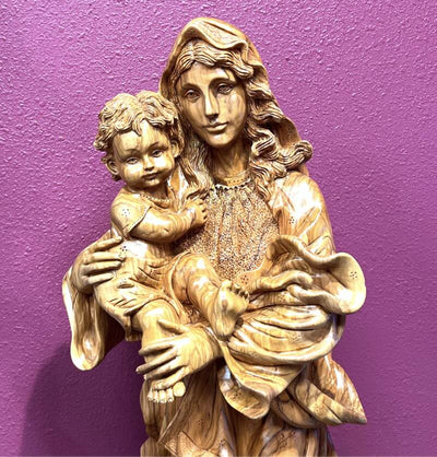 Virgin Mary Holding Baby Jesus Statue, 37" Carved Masterpiece for Church