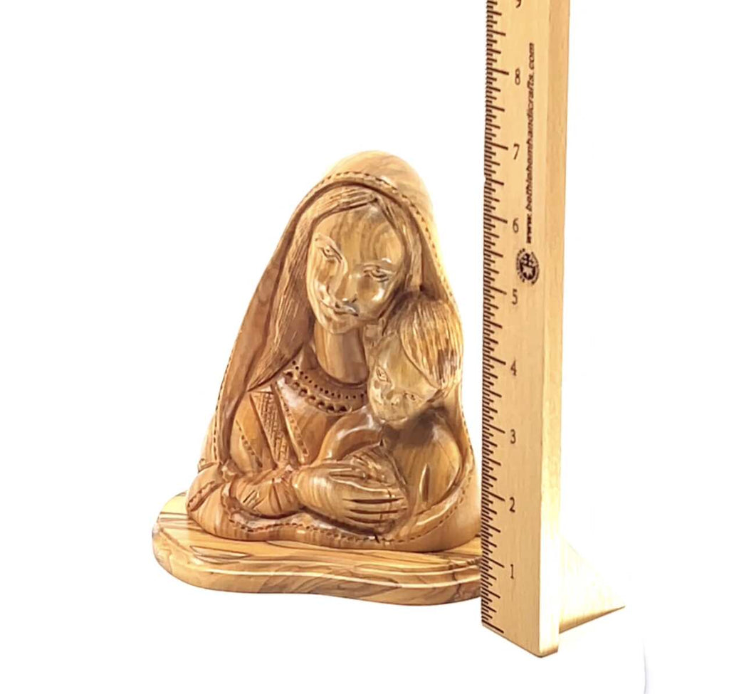 Virgin Mary olive wood statue from Bethlehem hand carved, 6.5 inch side angle of the olive wood sculpture