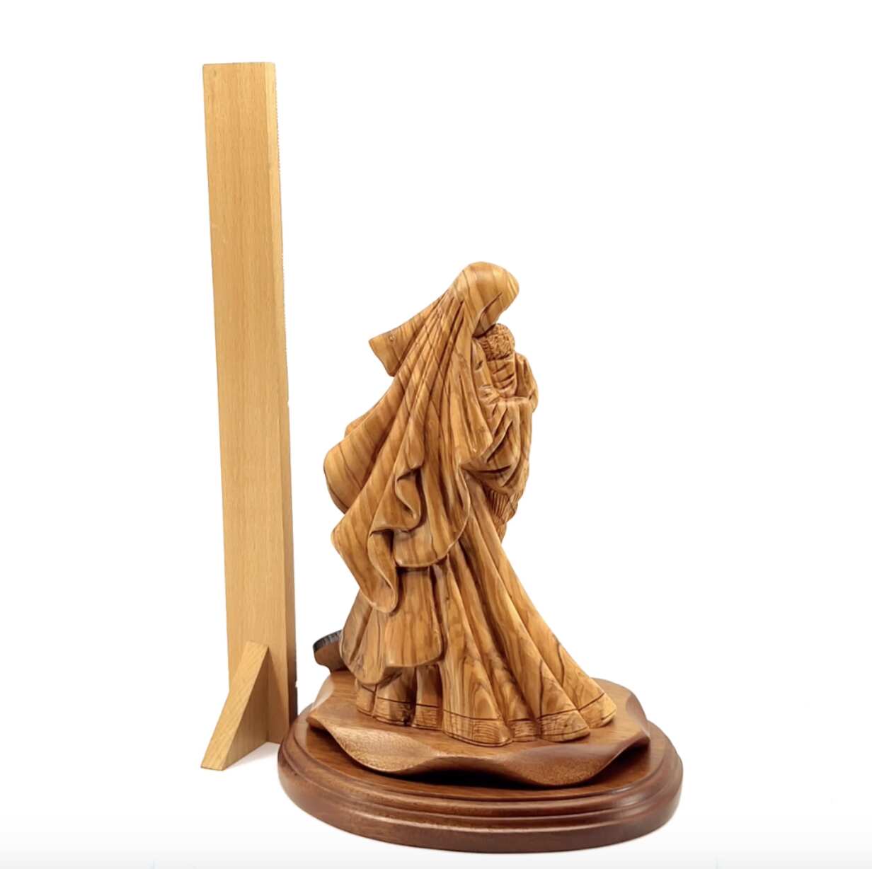 Virgin Mary olive wood statue from Bethlehem hand carved, 10 inch detail of the carved figure