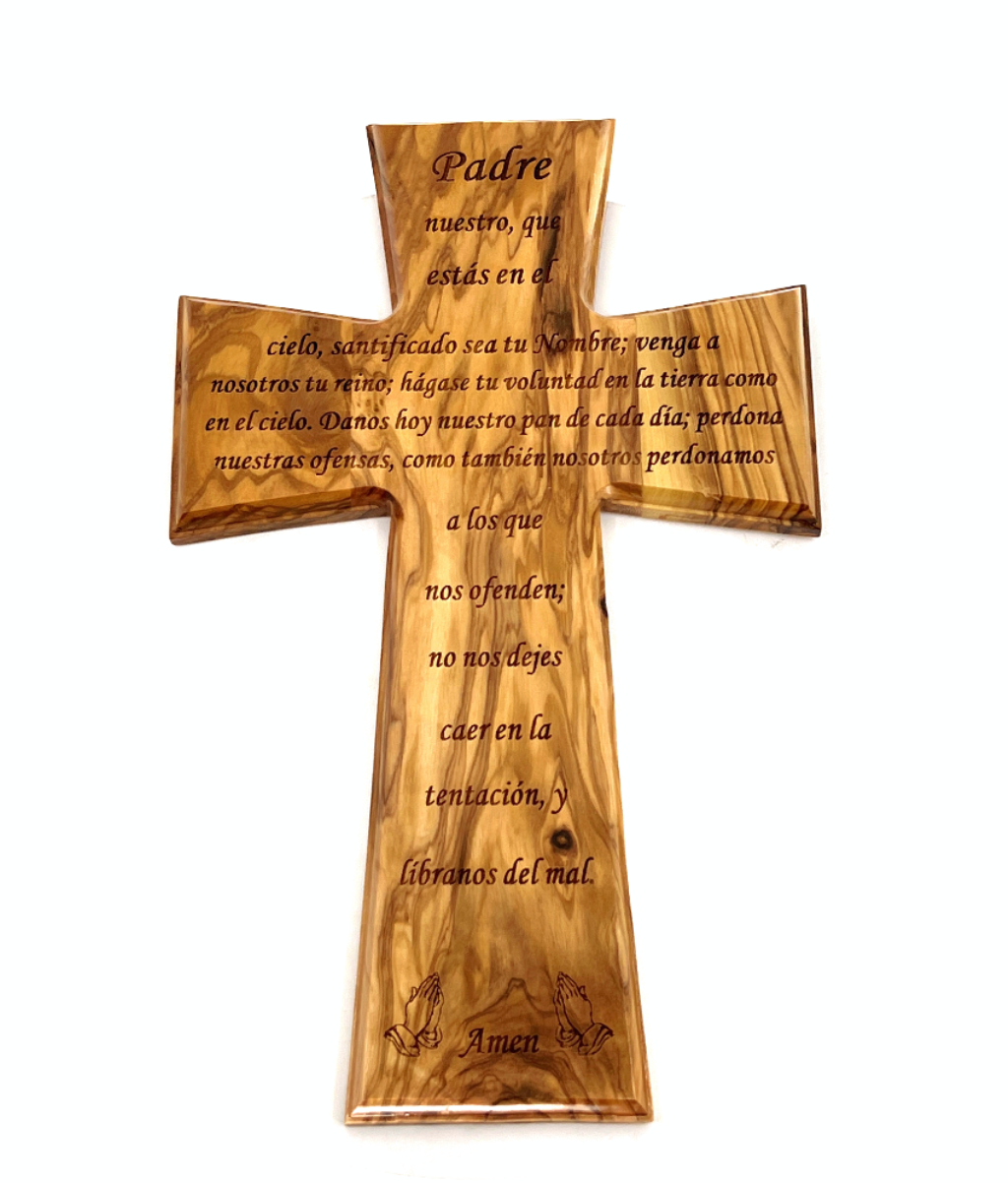 Lord's Prayer Engraved in Spanish Wall Cross, Hand Made with Our Father en el Espanol, Hanging Rosary with Jesus Christ