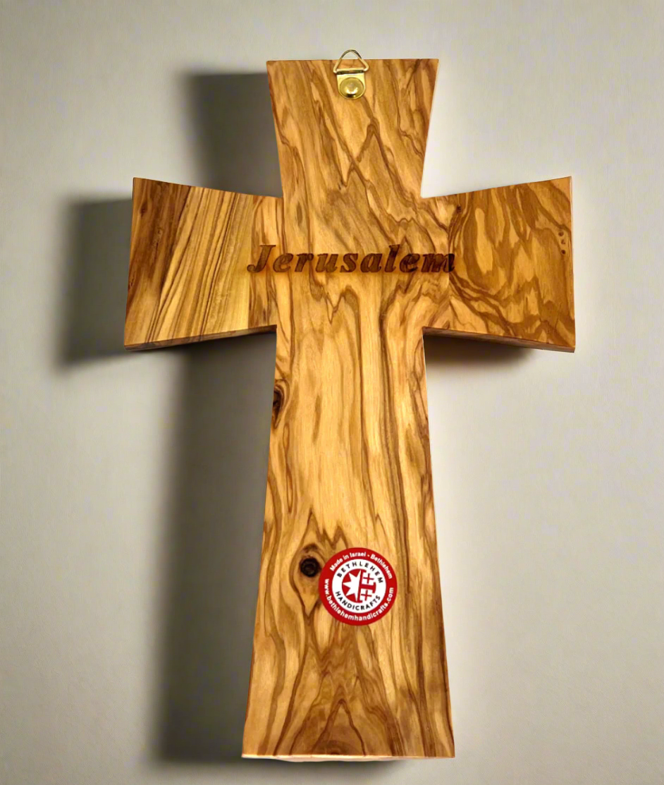 Lord's Prayer olive wood wall cross from Bethlehem, side angle of the olive wood sculpture
