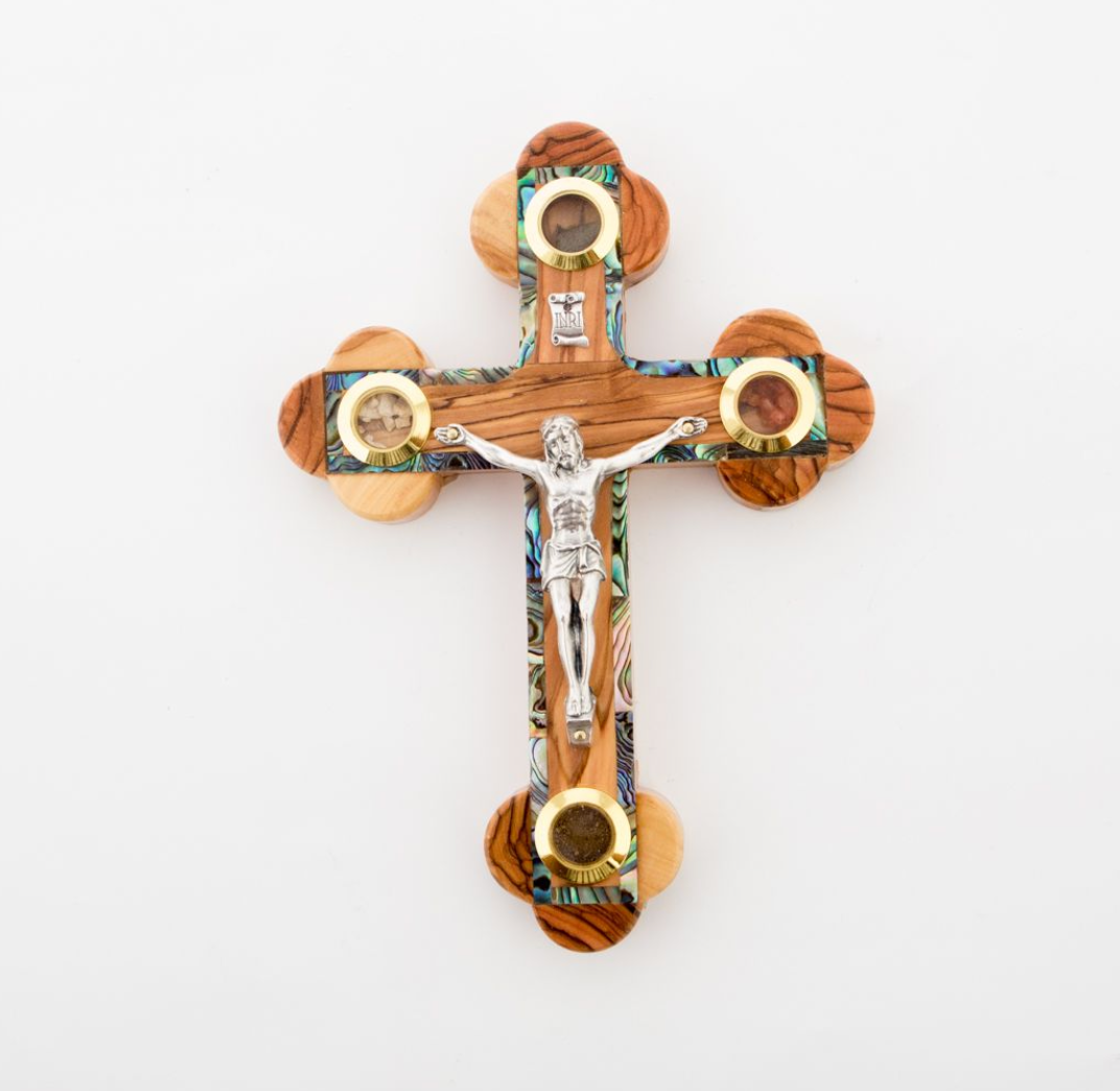 Wall Crucifix with Mother of Pearl Silver Jesus Corpus and 5 souvenirs from the Holy Land 