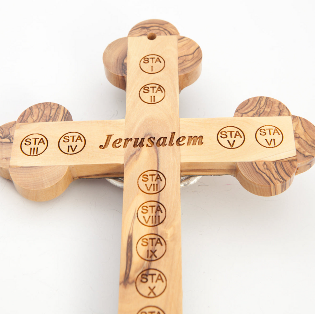 Olive wood crucifix hand carved in Bethlehem, 7 inch close detail of the hand carved work
