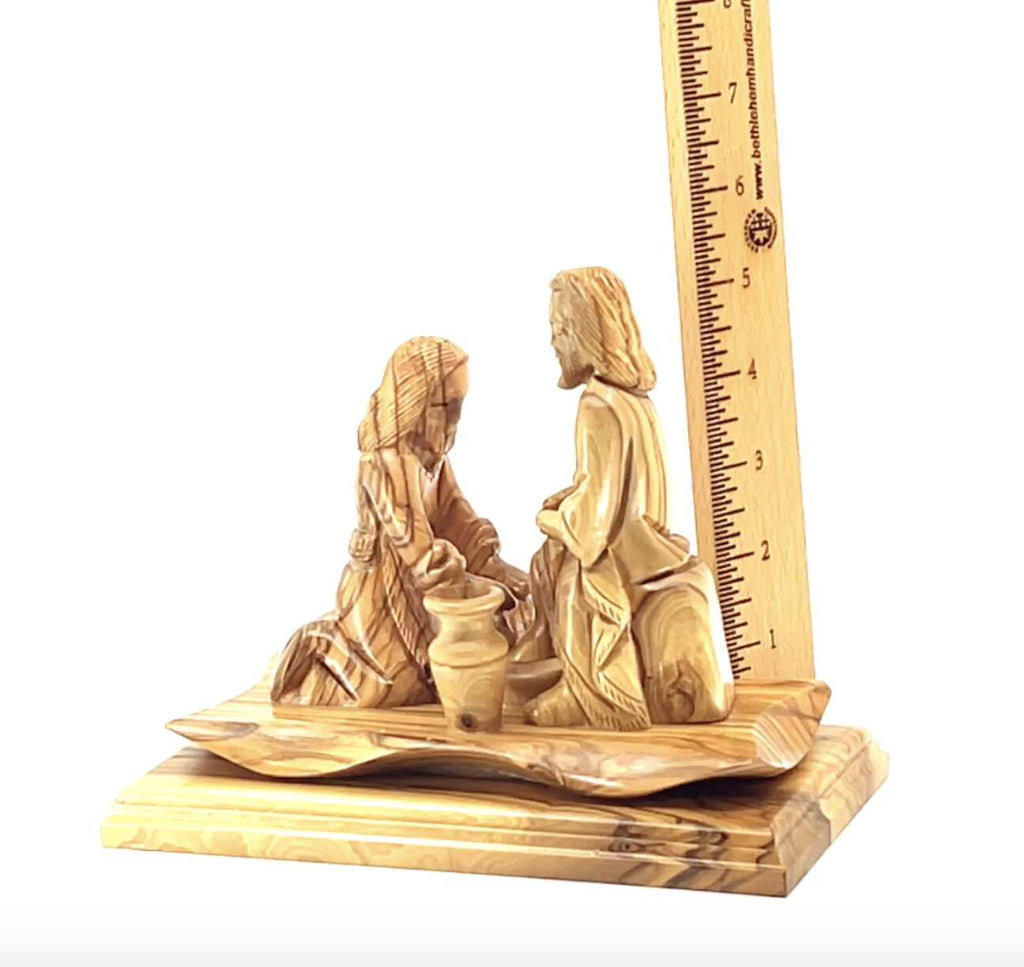 Jesus Christ statue hand carved from Bethlehem olive wood, 7.5 inch side angle of the olive wood sculpture