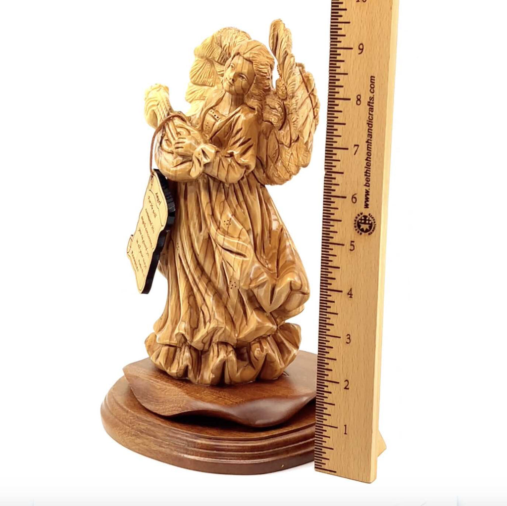 Angel olive wood statue hand carved in Bethlehem, 9.7 inch close detail of the hand carved work