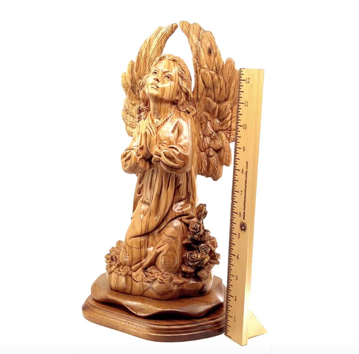 Angel with Wings Praying, 14.5" Carved Statue from Holy Land Olive Wood