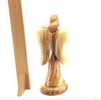 Angel olive wood statue hand carved in Bethlehem, 7.9 inch close detail of the hand carved work