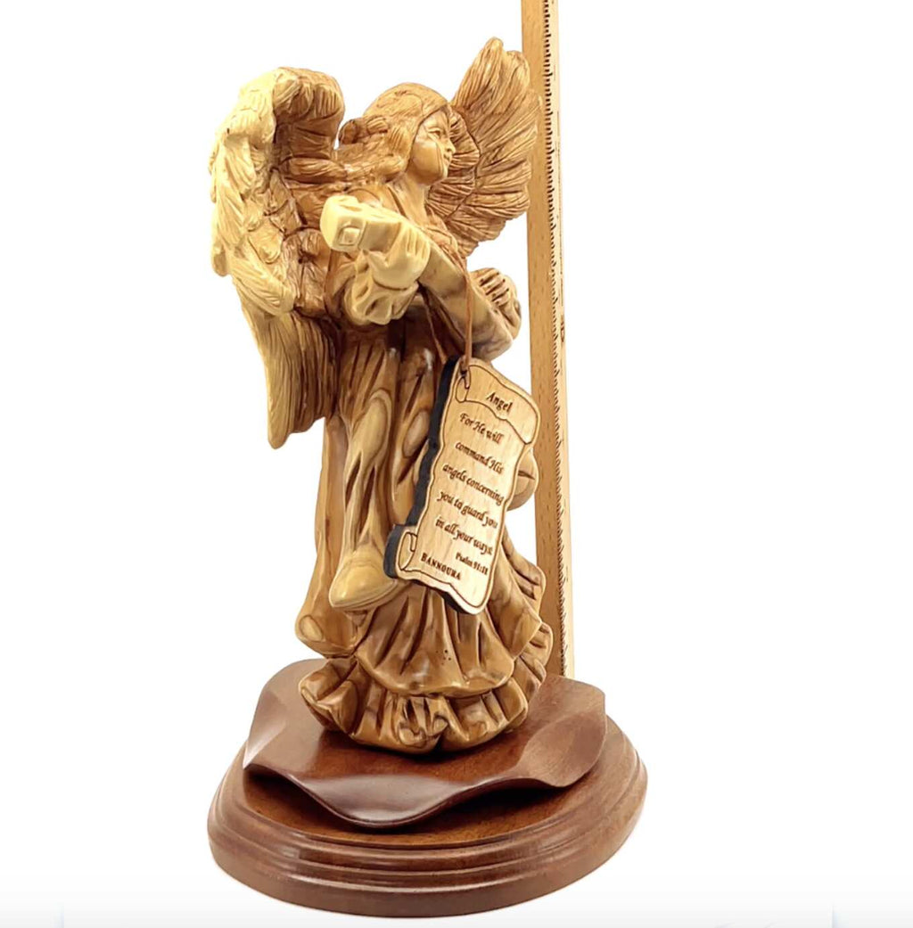 Angel olive wood statue hand carved in Bethlehem, 9.7 inch detail of the carved figure