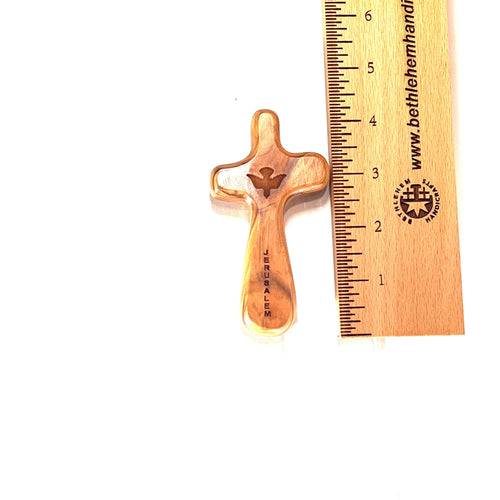 Holy Spirit olive wood pocket cross from Bethlehem, 4.3 inch side angle of the olive wood sculpture