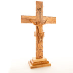 Olive wood crucifix hand carved in Bethlehem, 15.5 inch side angle of the olive wood sculpture