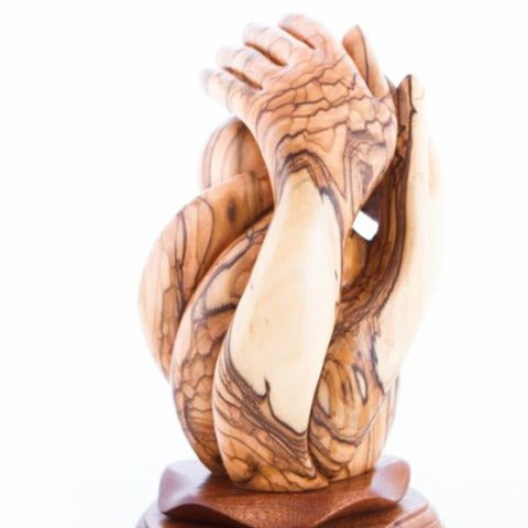 Hand Carved Agape Masterpiece of Baby Protected by Hand of God, Abstract Mercy of God in Olive Wood, Beautiful Realistic Hands