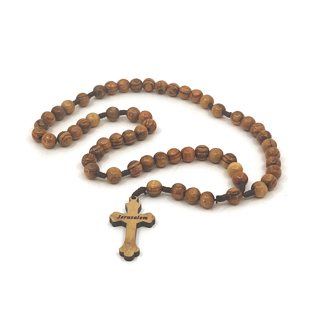 Rosary, Wooden Oval Beads with Rope Cord, 9.8" Engraved Crucifix, Holy Land Olive Wood