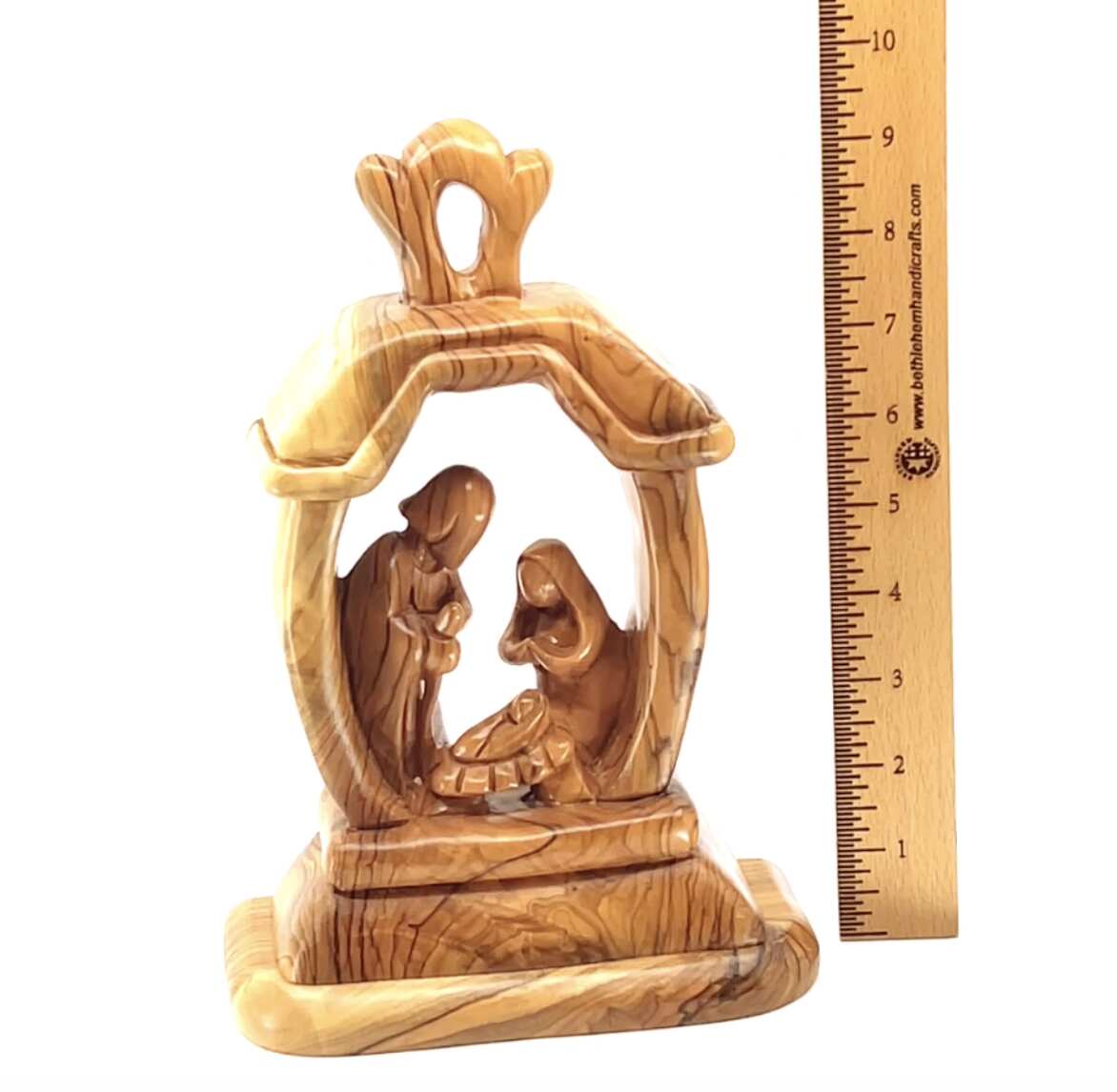 Nativity Scene with The Holy Family, 9.4" Olive Wood Carving from Holy Land, Abstract Christmas Standing Ornament